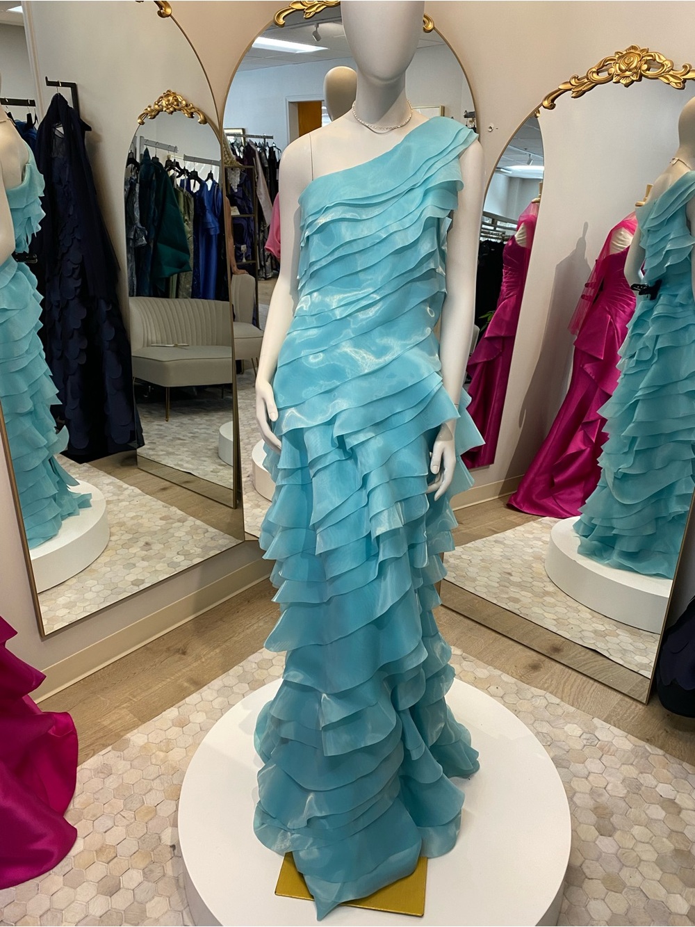 Aqua One-Shoulder Ruffled Wedding Guest Dress